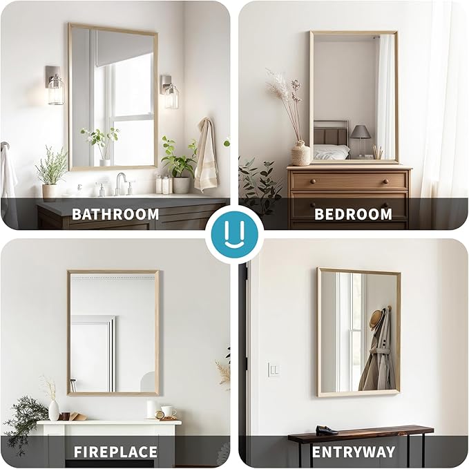 Oak Wood Effect Framed Wall Mirror, 30x48 Rectangle Mirror, Anti-desilvering Tempered Glass, Sustainable&Sturdy Frame, Anti-Rust, HD Reflection &3min Fast Setup for Bathroom Living Room