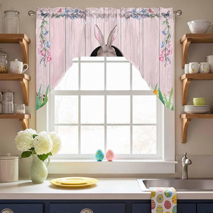 Swag Valance Curtains, Easter Cute Rabbit and Colorful Eggs Rod Pocket Valances - Image 7