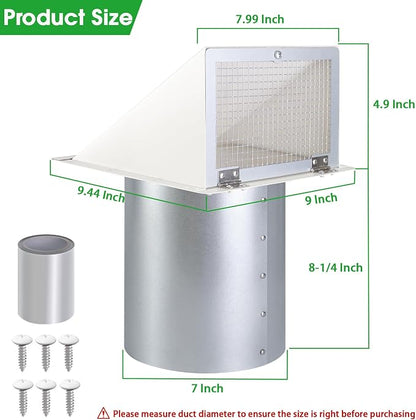 7 Inch Hooded Wall Vent with Mesh and Damper, Wall Vent Hood Duct Cap Exterior - Image 2