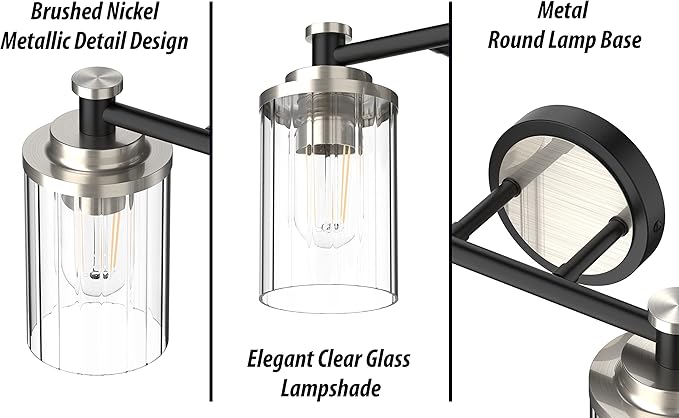 PHIXART Bathroom Lighting Fixtures Black and Brushed Nickel Bathroom Vanity Light with Cylindrical Clear Stripes Glass Lampshade E26 Socket Base Bathroom Lighting Fixtures Over Mirror (4 Lights)