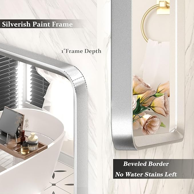 44x36 Inch Silver Framed Mirror, Silver Bathroom Vanity Mirror for Wall, Brushed Nickel, Rounded Rectangle Mirror, Shatterproof, Anti-Rust (Horizontal/Vertical)