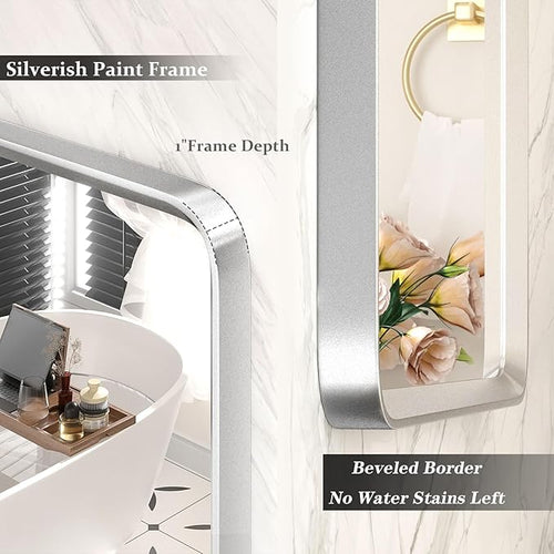 20x30 Inch Silver Framed Mirror, Silver Bathroom Vanity Mirror for Wall, Brushed Nickel, Rounded Rectangle Mirror, Shatterproof, Anti-Rust (Horizontal/Vertical)
