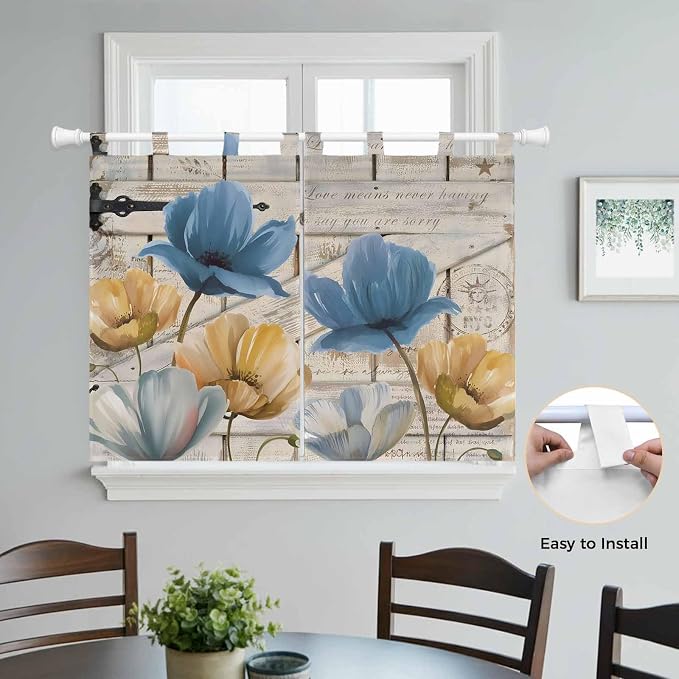 Blue Yellow Tulips Bedroom Curtains 63 Inch Length, Window Curtains Tab Top - Image 4