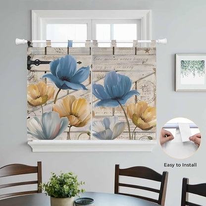 Blue Yellow Tulips Kitchen Curtains 45 Inch Length, Short Cafe Window Curtains - Image 4