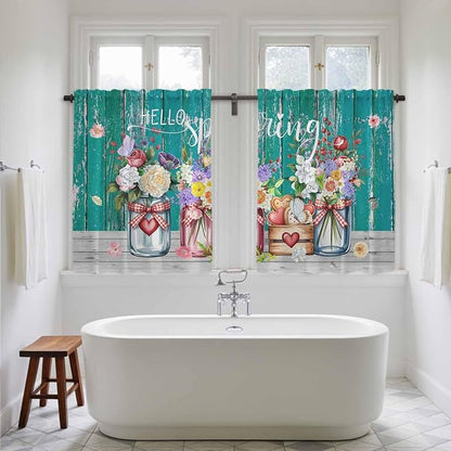 Spring Flowers Kitchen Curtains, Farmhouse Watercolor Teal Wood Grain Light - Image 5