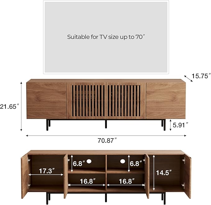 NessCarsti Mid Century Modern TV Stand for 70 Inch TVs, 70.87" Walnut Console with Ample Storage – Stylish Entertainment Center for Living Room or Bedroom