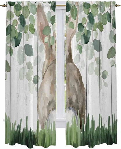 Easter Kitchen Curtains, Country Rabbit Botanical Leaves Wooden Grain Light by Unknown
