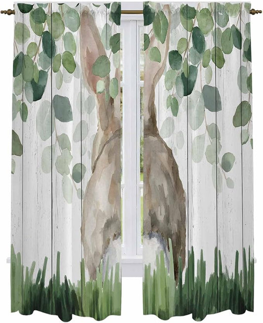 Easter Kitchen Curtains, Country Rabbit Botanical Leaves Wooden Grain Light by Unknown