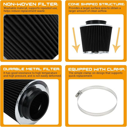 PTNHZ Universal Black 3.5" 89mm High Flow Cold Air Intake Cone Air Filter Power - Image 3