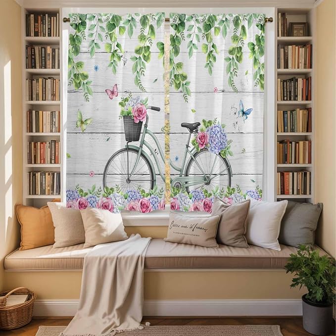 Spring Kitchen Curtains, Bicycles Botanical Rose Leaves Butterfly Wood Grain - Image 3