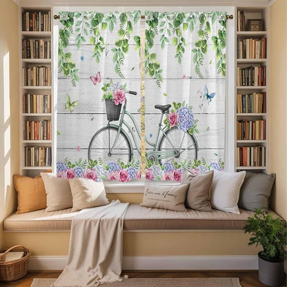Spring Kitchen Curtains, Bicycles Botanical Rose Leaves Butterfly Wood Grain - Image 3