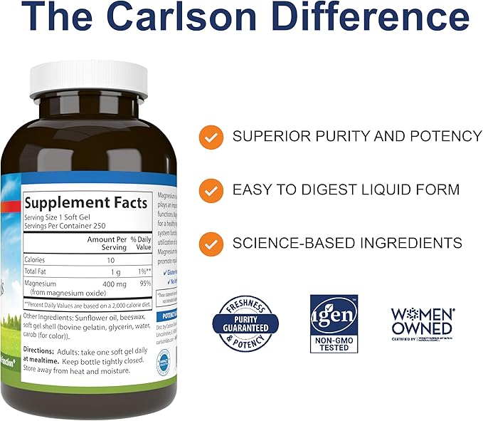 Carlson - Magnesium Gels, 400 mg of Magnesium per Softgel, Heart & Muscle Support, Magnesium Gel Caps, Bowel Function, Magnesium Supplement, 250 Softgels