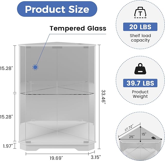 Dystler Corner Display Cabinet Set of 2 with Glass Doors, Small Display Case with 3-Color LED Lights and Charging Station, 2-Tier Curio Cabinet with Storage and Shelf, White