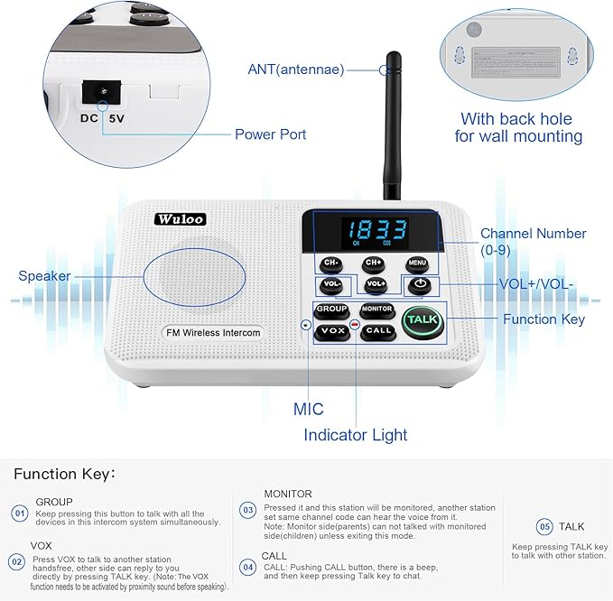 Expandable for Wuloo Intercoms Wireless for Home WL888, 1 Mile Range 22 Channel 100 Digital Code (Only 1 Unit for Expandable The Original intercom System, CAN NOT Work Without Other Units)