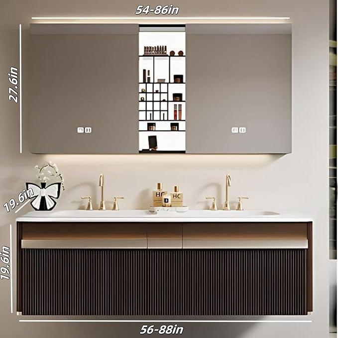 Bathroom Vanity with Double Sink - Bathroom Cabinet Vanity Including Grille Shaped Panel | Bathroom Vanity Double Sink, Soft Light LED Lights & Smart Defogging Mirror (Mirror Cabinet, 72IN)