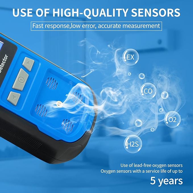 Upgraded 4 Gas Monitor Multi Gas Detector, Yfwsrecinoe Gas Leak Detector, Rechargeable 4 Gas Monitor Ex H2s Co O2 with LCD Multiple Indicator (Blue)