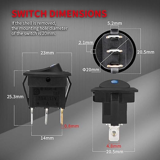 DaierTek Round Rocker Switch Shell 12V Lighted 3 Pin with Blue LED 12 Volt DC Rocker Toggle Switch for Automotive Car Truck ON Off 20A SPST