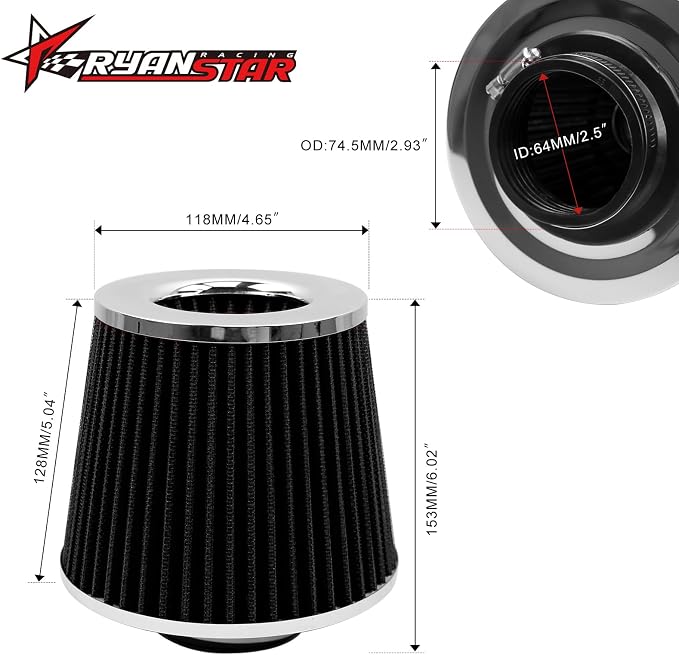 RYANSTAR 63mm 2.5" High Flow Round Tapered Cone Cool Air Filter Cleaner - Image 2