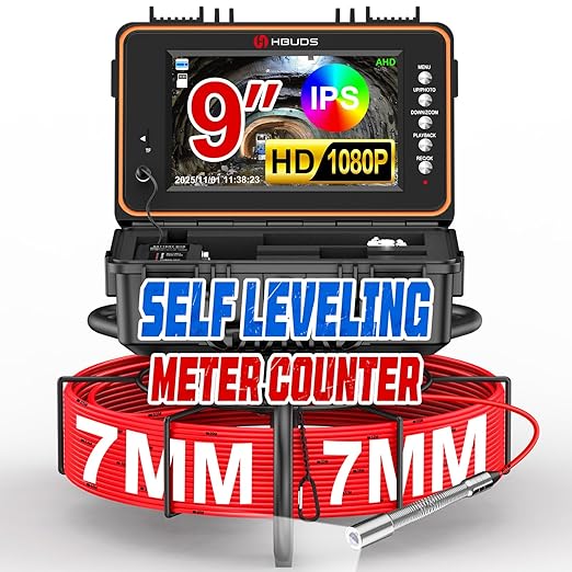 HBUDS Sewer Camera, Self Leveling Drain Camera 165ft with Meter Counter, 7mm Thick Cable, 9" HD Screen 1080P Plumbing Cameras Snake with Light, 5100mAh Battery Duct Pipe Video Inspection Cam DVR 32GB