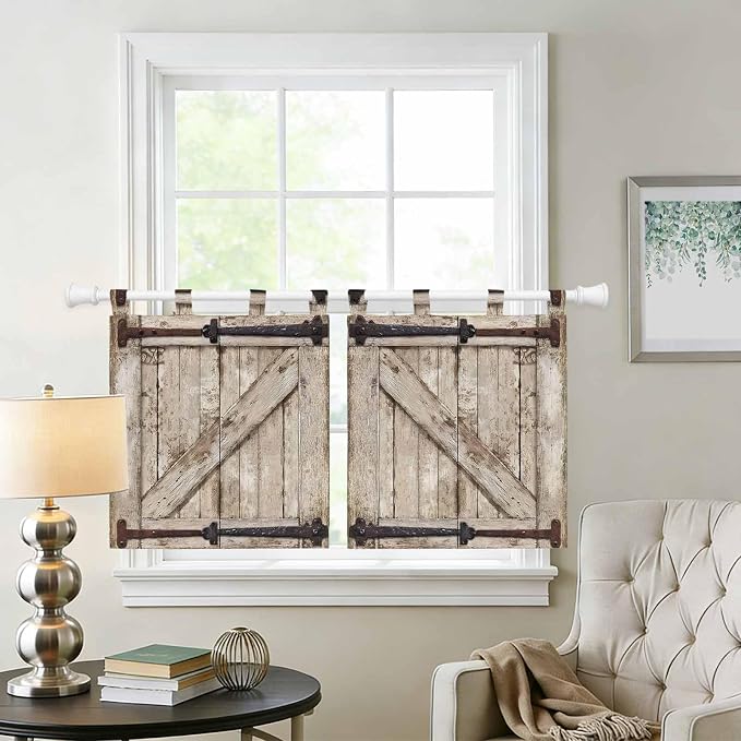 Farmhouse Wood Grain Kitchen Curtains 36 Inch Length, Small Window Curtains Tab - Image 2