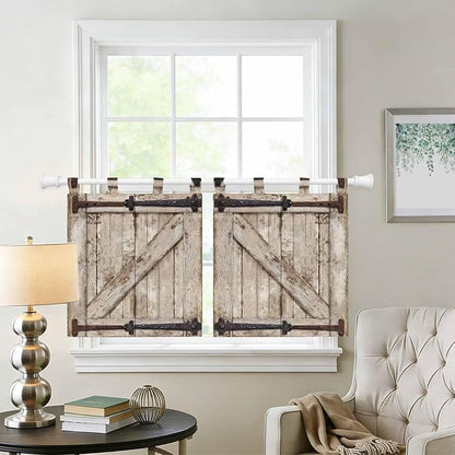 Farmhouse Wood Grain Kitchen Curtains 36 Inch Length, Small Window Curtains Tab - Image 2
