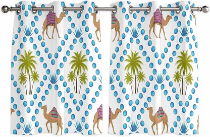 2 Panel Kitchen Cafe Curtains, Camels Palm Trees Sunlight Filtering Nature Air by Hokiten