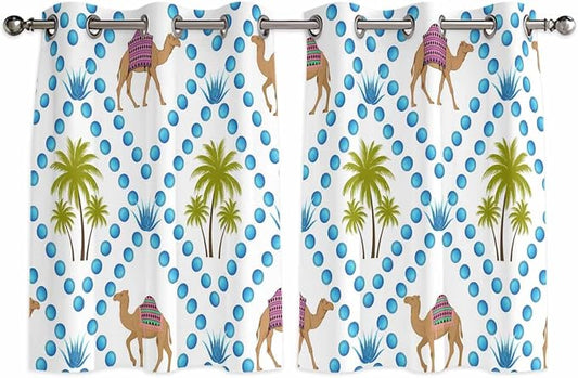 2 Panel Kitchen Cafe Curtains, Camels Palm Trees Sunlight Filtering Nature Air by Hokiten