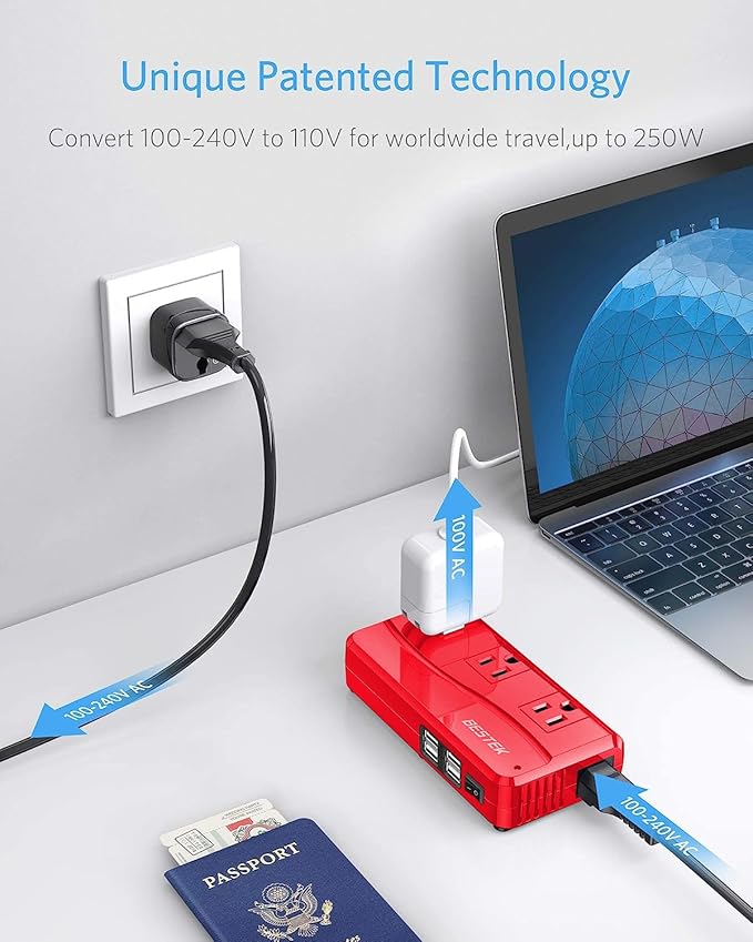 BESTEK International Power Adapter 250W, 220V to 110V Step Down Travel Voltage Converter with 4-Port USB Including US/AU/EU/UK//India/South Africa Plug Adapter (Red)