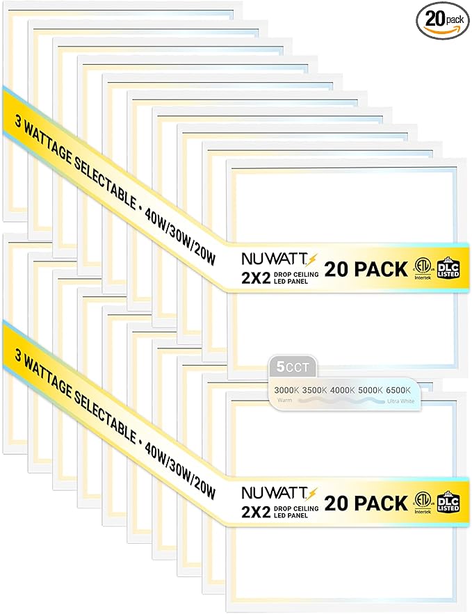 NUWATT 20 Pack 2x2 LED Flat Panel Lighting, Drop Ceiling Light Wattage Selectable 40W/30W/20W, 5CCT 3000K/3500K/4000K/5000K/6500 Suspended Ceiling LED Lights, 4400LM, Dimmable 0-10V, 120-277V, ETL