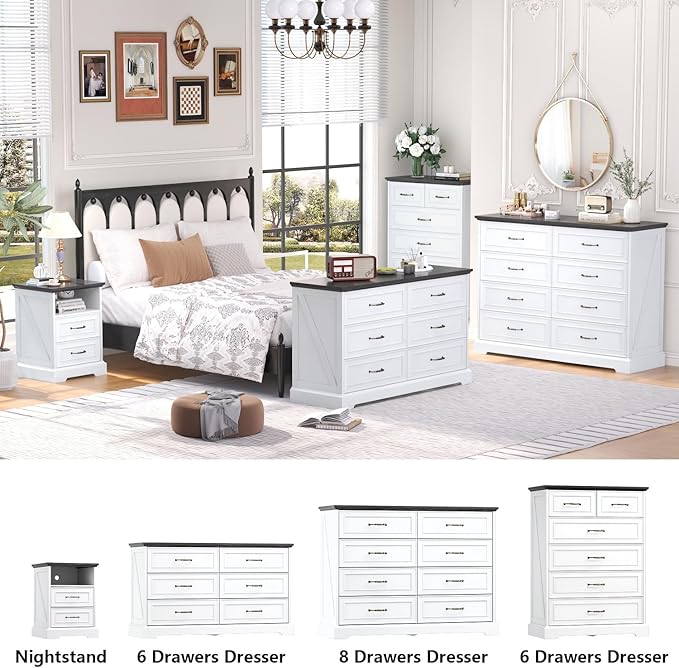 Nightstand with Charging Station,18" Wide End Table with 2 Large Drawers & Metal Handles,Rustic Farmhouse Wood Small Dresser,Bedside Table,Modern Chest of Drawers for Bedroom,Living Room,Off White