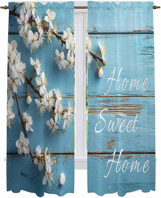 Farmhouse Wooden Grain Kitchen Curtains, Vintage Shabby Chic Flower Blue Light by Unknown