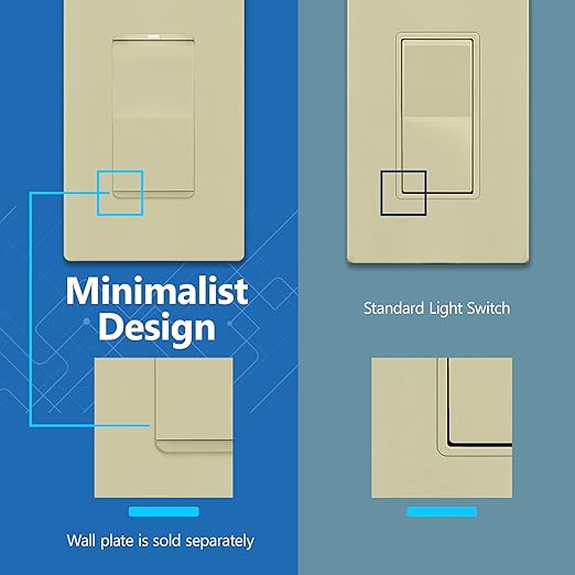 LIDER Minimalist Design Matte Finish Lighted Decorator Switch, Frameless Paddle Light Switch with Locator Light, Grounding Screw, 3-Way or Single Pole, 15A 120V, UL Listed, LS15-3W-I5P, Ivory, 5 Pack