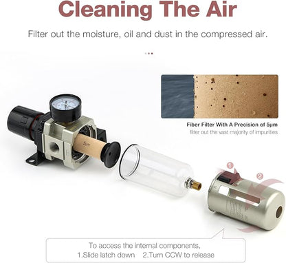 SNS 1/2”NPT Compressed Air Filter Regulator Piggyback Combo, Semi-auto Drain - Image 4