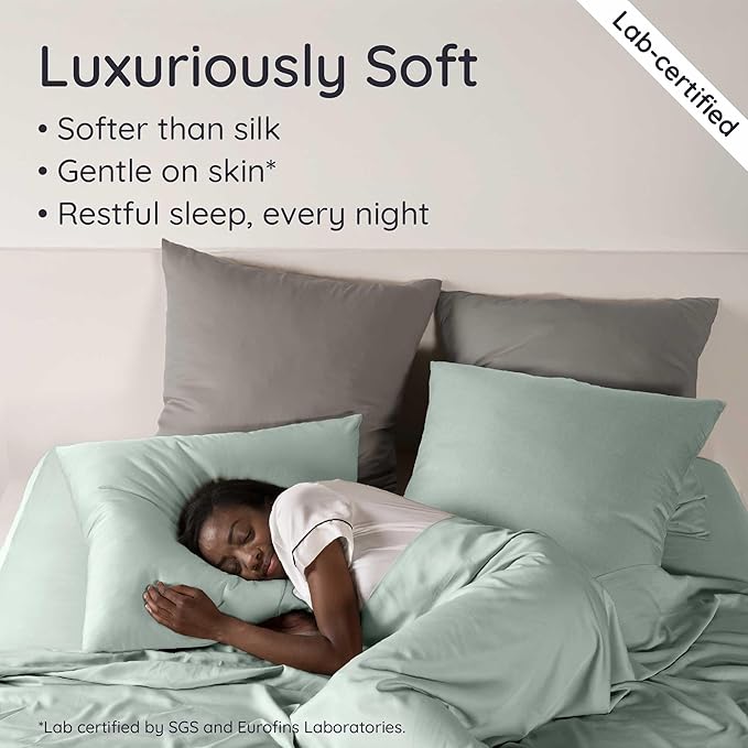 Bambaw 100% Viscose Derived from Bamboo Sheets Queen Size Deep Pocket Set – 4pcs Hotel Luxury Bedding Set, Fits Up to 16'' with Elastic Corner Straps, Ultra Soft Cooling Sheets Queen Size (Sea Glass)