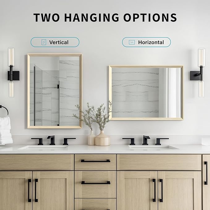 Oak Wood Effect Framed Wall Mirror, 30x36 Rectangle Mirror, 1/8" Anti-desilvering Tempered Glass, Sustainable& Sturdy Frame, Anti-Rust, HD Reflection &3min Fast Setup for Bathroom Living Room