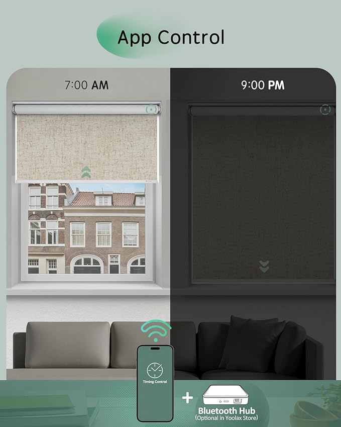 Yoolax Motorized Blinds App Control, Blackout Roller Shades for Windows, Cordless Automatic Shades Roller Window Blinds for Bedroom Living Room Office(Blackout Artisan Beige, 27" W x 72" H)