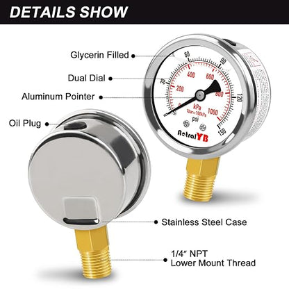 0-150 PSI Pressure Gauge, Liquid-Filled, Stainless Steel Case, Brass Internals - Image 4