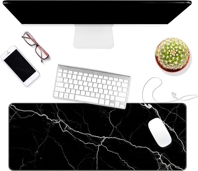 Dynippy Thin Extended Gaming Mouse Pad （31.5 * 11.8 * 0.08 inch） with Stitched Edges Large Mousepad Long XXL Keyboard and Mouse pad Desk Mat for Gaming Office & Home - Black White Marble