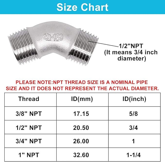 45 Degree Elbow 2PCS, 1/2" NPT Male X 1/2" NPT Male 304 Stainless Steel Pipe - Image 2