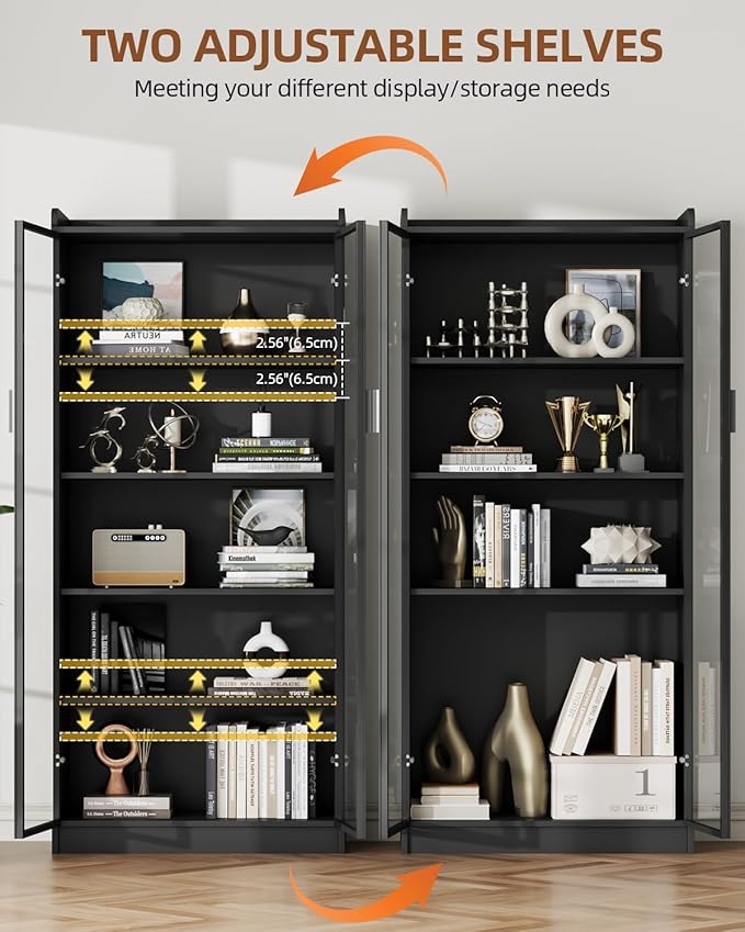 Dystler Display Cabinet with Glass Doors and Shelves, 65" Tall Curio Cabinet with LED Lights/Human Sensor, 5 Tier Display Case for Collectibles Bedroom Living Room Office, Black