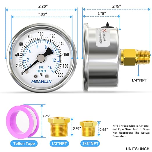 MEANLIN MEASURE 0~200Psi Dry Pressure Gauge Stainless Steel 1/4" NPT 2" FACE - Image 2