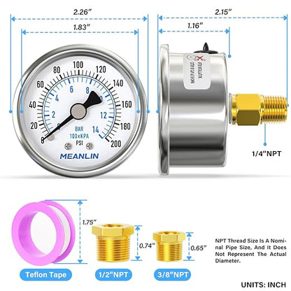 MEANLIN MEASURE 0~200Psi Dry Pressure Gauge Stainless Steel 1/4" NPT 2" FACE - Image 2