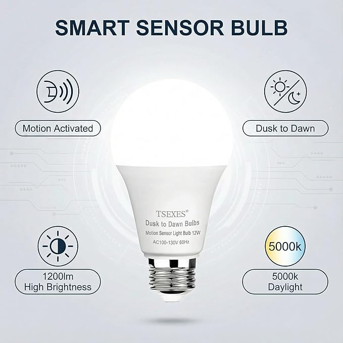 TSEXES Motion Sensor Light Bulbs, 12W (100Watt Equivalent), Motion Activated Dusk to Dawn Security LED Bulb, 3000K Soft White for Outdoor & Indoor,Porch, Stairs, Hallway, 4-Pack