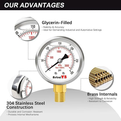 0-300 PSI Heavy-Duty Pressure Gauge, Glycerin-Filled, Stainless Steel, 1/4" NPT - Image 3
