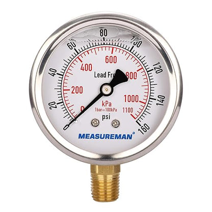 MEASUREMAN Lead-Free Pressure Gauge, 2-1/2inch Dial, Glycerin Filled, by MEASUREMAN