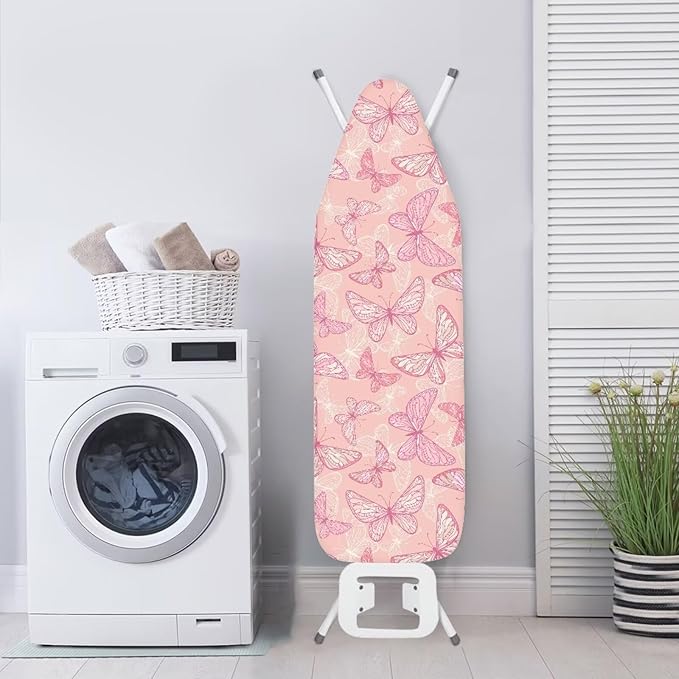 ZCFYGDX Breathable Ironing Board Cover Decor, Resist Scorching & Staining, 17x49 Wear & Soil Resistant Covers, Elastic Edges,3 Fasteners,Anti-Scorch Polyester Butterfly Pattern Pink Print