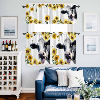Kitchen Curtains Tiers and Valance Set of 3, Cow Sunflowers Light Filtering - Image 6
