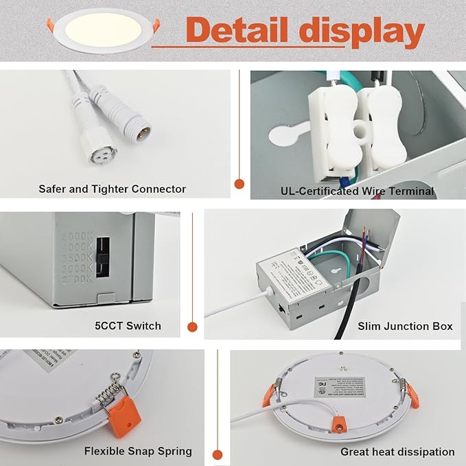 MKUJOO 96 Pack 6 Inch Ultra-Thin LED Recessed Ceiling Light with Junction Box,panel light,Daylight, 13W,2700K/3000K/3500K/4000K/5000K Selectable Dimmable Downlight ETL&FCC&CE and Energy Star Certified