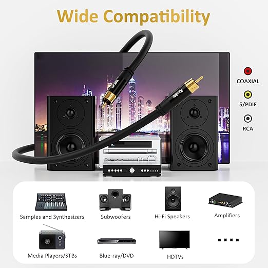 Subwoofer Cable RCA to RCA Audio Cable 8FT, Digital Coaxial Audio Cable, Premium S/PDIF RCA Cord for Home Theater, HDTV, Subwoofer, Hi-Fi System, Amplifier, 22AWG Tinned Copper, Double Shielded