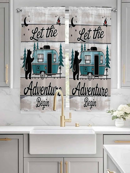 Farmhouse Bear Camper Van Tree Window Valance Curtains, Vintage Wood Grain - Image 3
